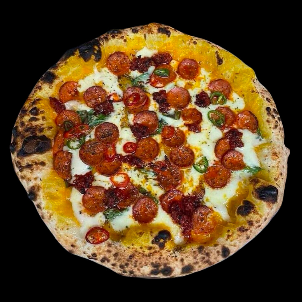 Pumpkin-base Sucker Punch pizza with pepperoni, nduja and chilli
